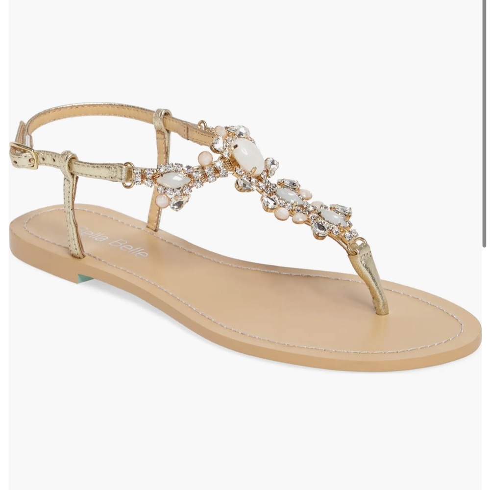Beaded Gold T-Strap Flat Sandal - Women